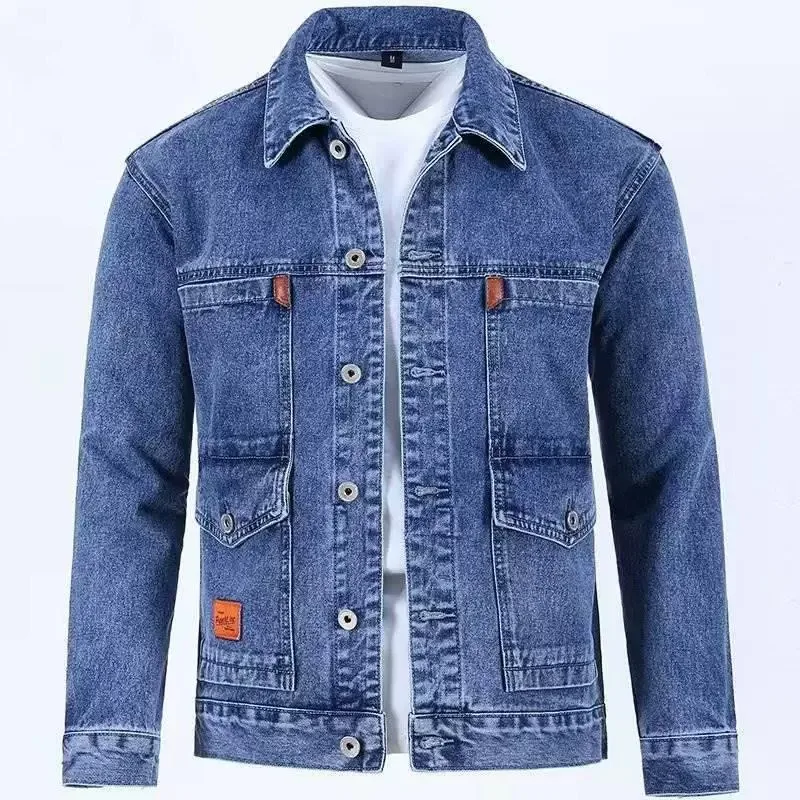 Wear Resistant Casual Men's Denim Jacket Autumn Winter Workwear Stylish Loose Fit Cotton Long Sleeve Button up Coat