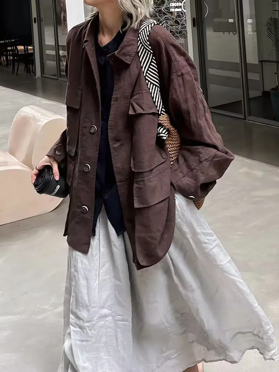 Retro Artistic Women's Long Sleeve Open Cardigan Coat Casual Loose Fit Multi-Pocket Style Commute Fashion Autumn New Arrival