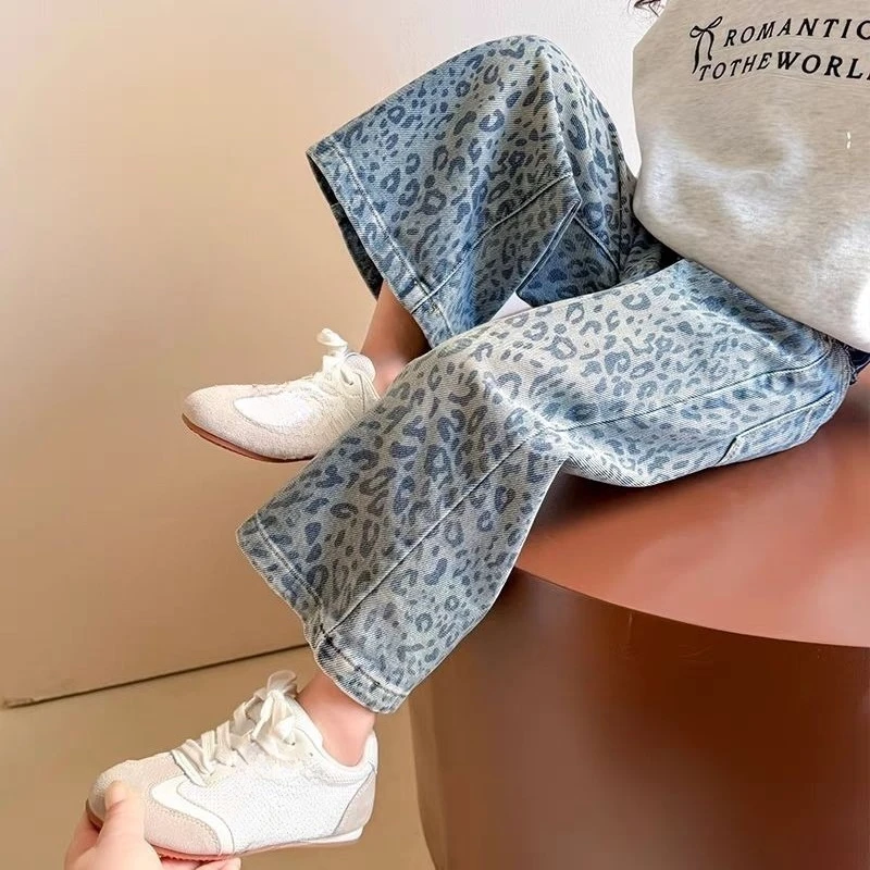 Girls Leopard Print Wide Leg Jeans – Spring Autumn Casual Pants for Toddlers, Fashion Loose Denim Trousers