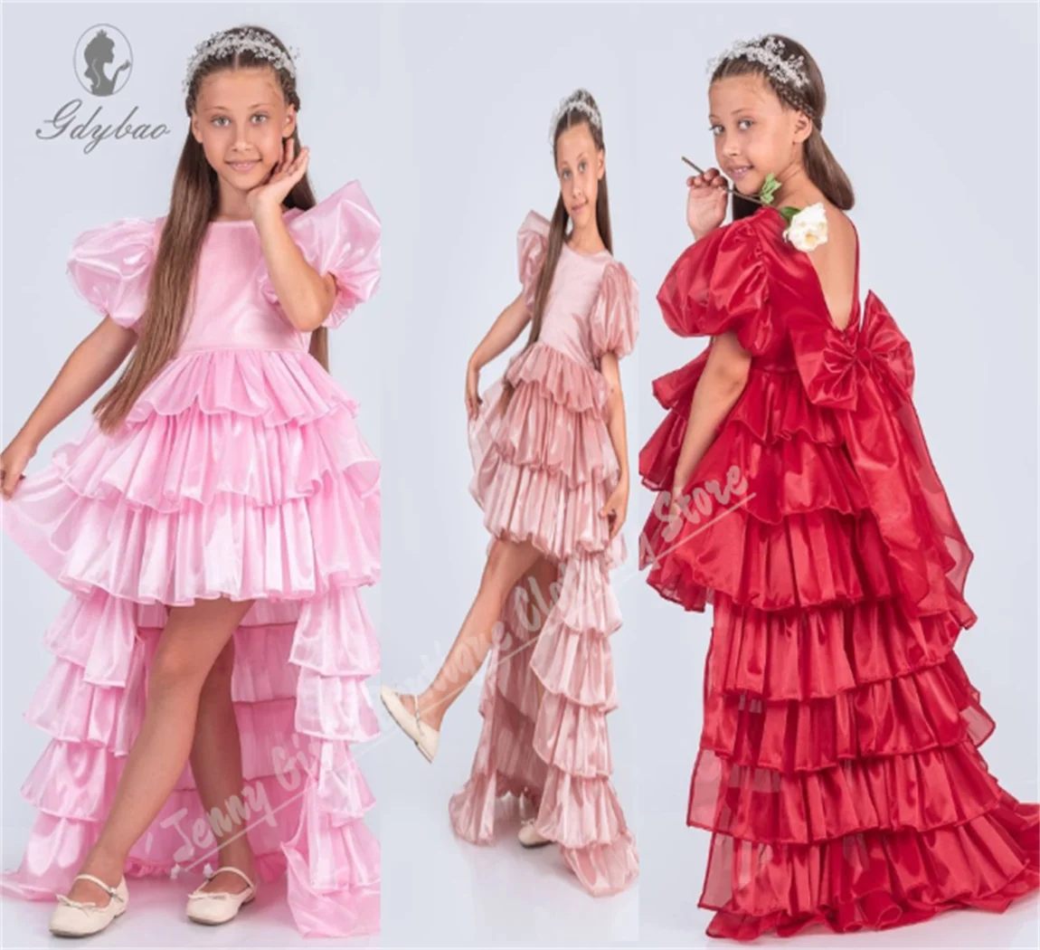 Elegant Bubble Short-Sleeve Flower Girl Dress High-Low Layered Puffy Party Dress for Children's Birthday Model Photography