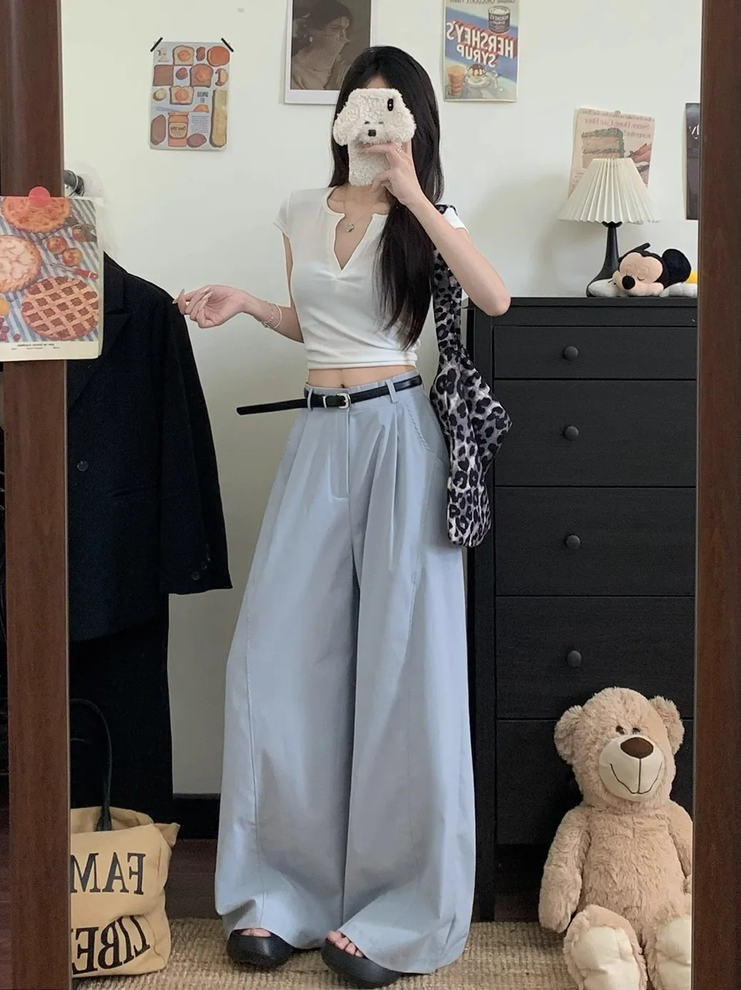 

Широкие брюки, пышные женские весенне-летние вертикальные облегающие брюки с микро-расклешенными минималистичными поясами Amekaji со складками из шифона 2025 г.