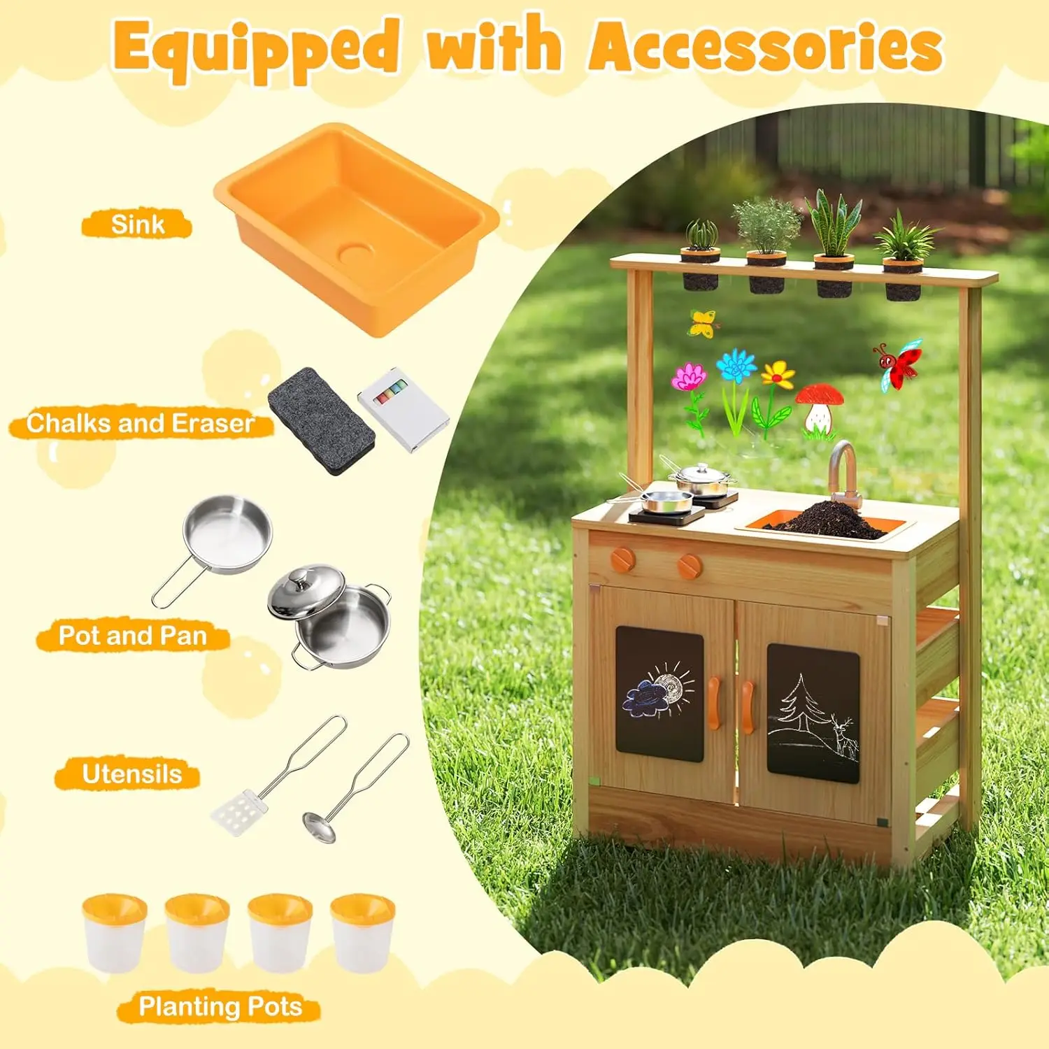 Cozinha de lama, cozinha de brincar ao ar livre de madeira de abeto para crianças, 4 copos de plantio, panelas, torneira e pia, placa acrílica diy e blackboard