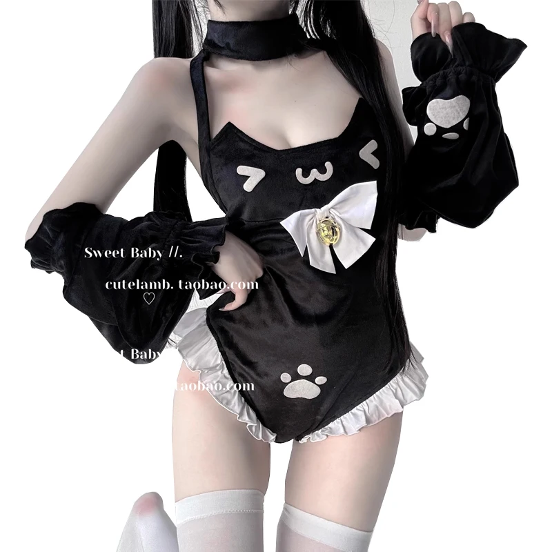 

Милое боди Neko для девочек с лямкой на шее и большим бантом на спине, женское облегающее боди без рукавов с рюшами в стиле пэчворк, кошка-горничная, косплей, униформа Sukumizu