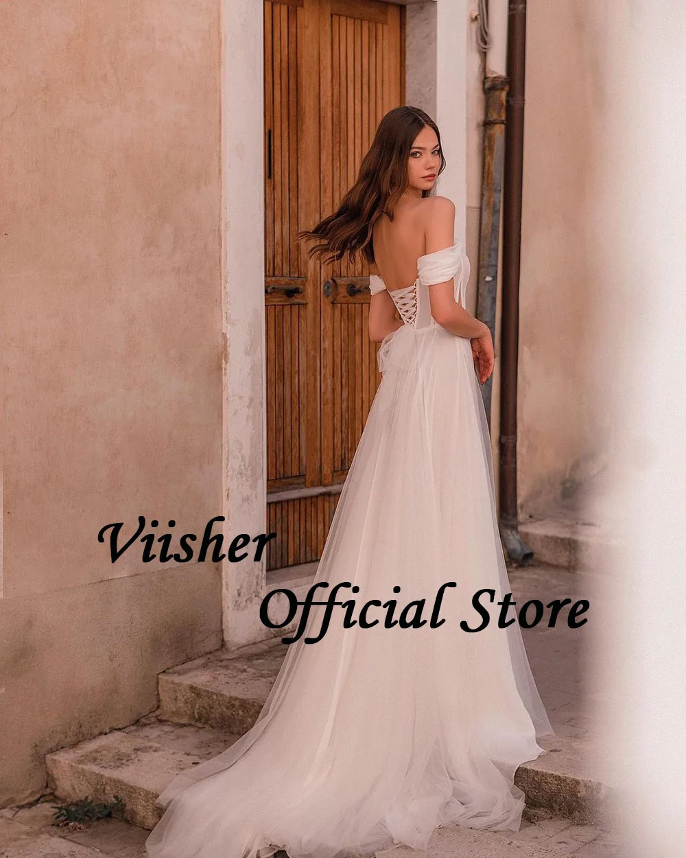 Viisher abiti da sposa bianchi con spalle scoperte Sey Cut Out Soft Tulle A Line Beach Wedding Bride Dress Lace Up Back