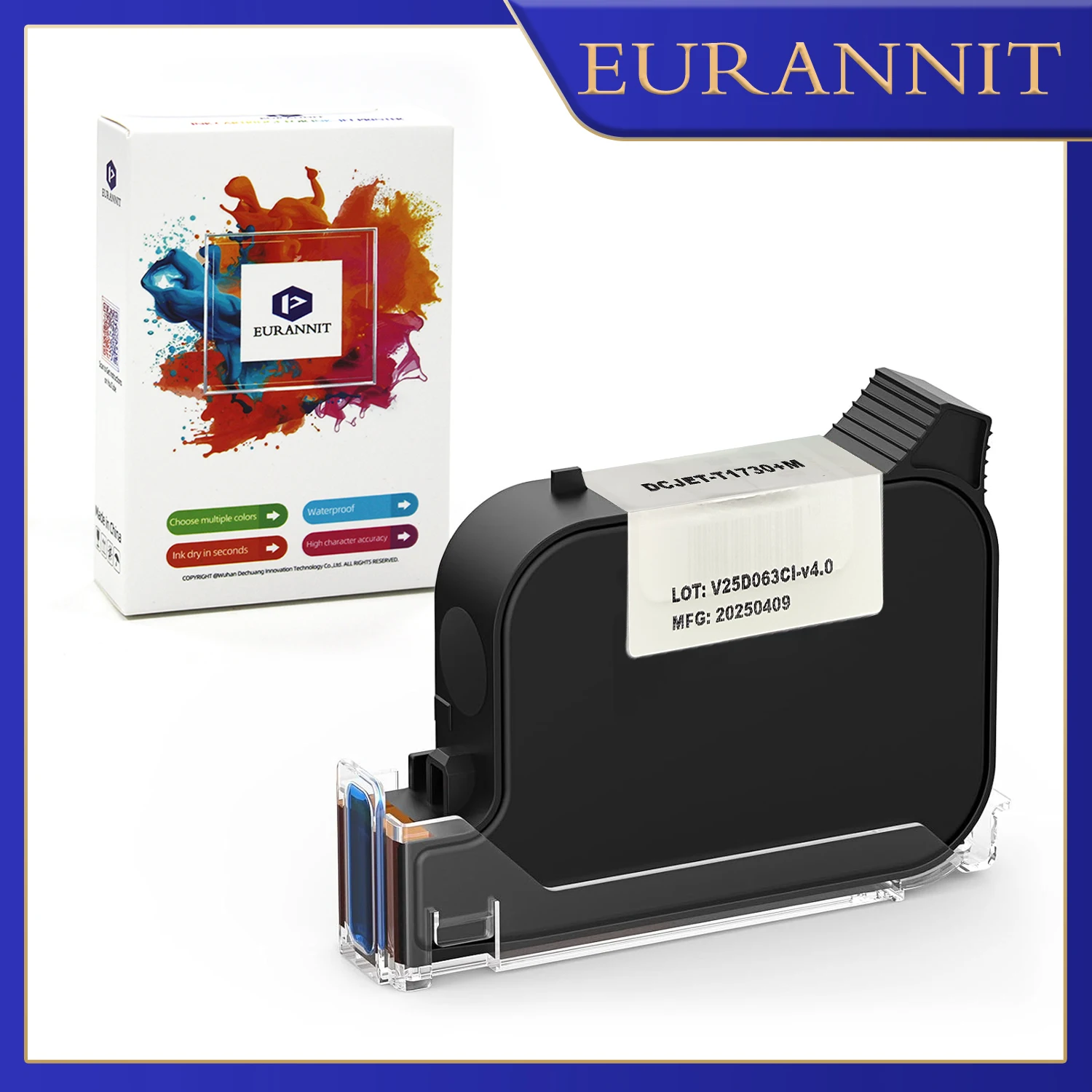 EURANNIT T1730+M High Adhesion HD Black Ink Cartridge 12.7mm Unencrypted Solvent Inks Waterproof Fast Drying Ink for TIJ Printer