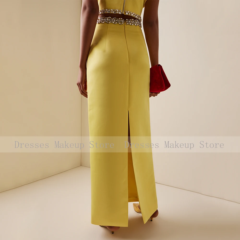 Customized Modern Cocktail Dress Maxi 2 Pieces Crystal O Neck Yellow Prom Gowns for Women Puff Sleeves Column Formal Party Dress image 6