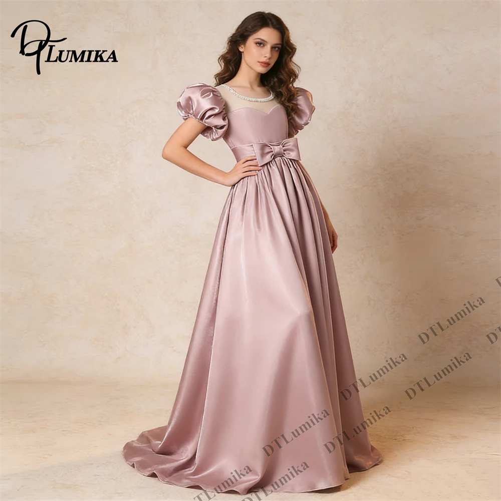 

Princess Style Puff Sleeves Women Formal Dress with Bow Detail, Elegant Train Dress for Wedding Guest Evening Banquet or Prom