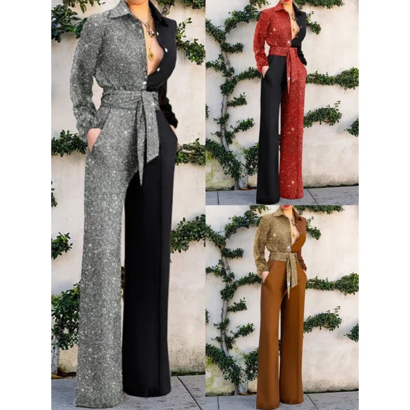 Elegant Women Loose Jumpsuit Romper Y2K Patchwork Long Sleeve Single Breasted High Waist Corset Wide Leg Pants Suit Outfits