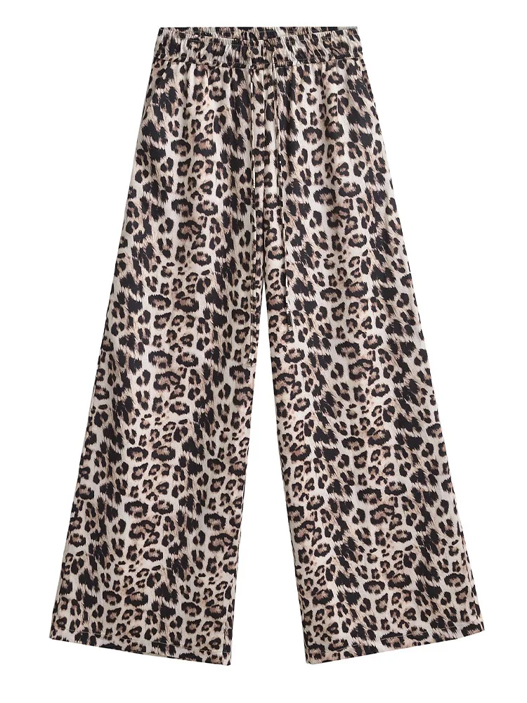 

2024 new women's fashion temperament trend high waist linen blend leopard print wide leg trousers trend