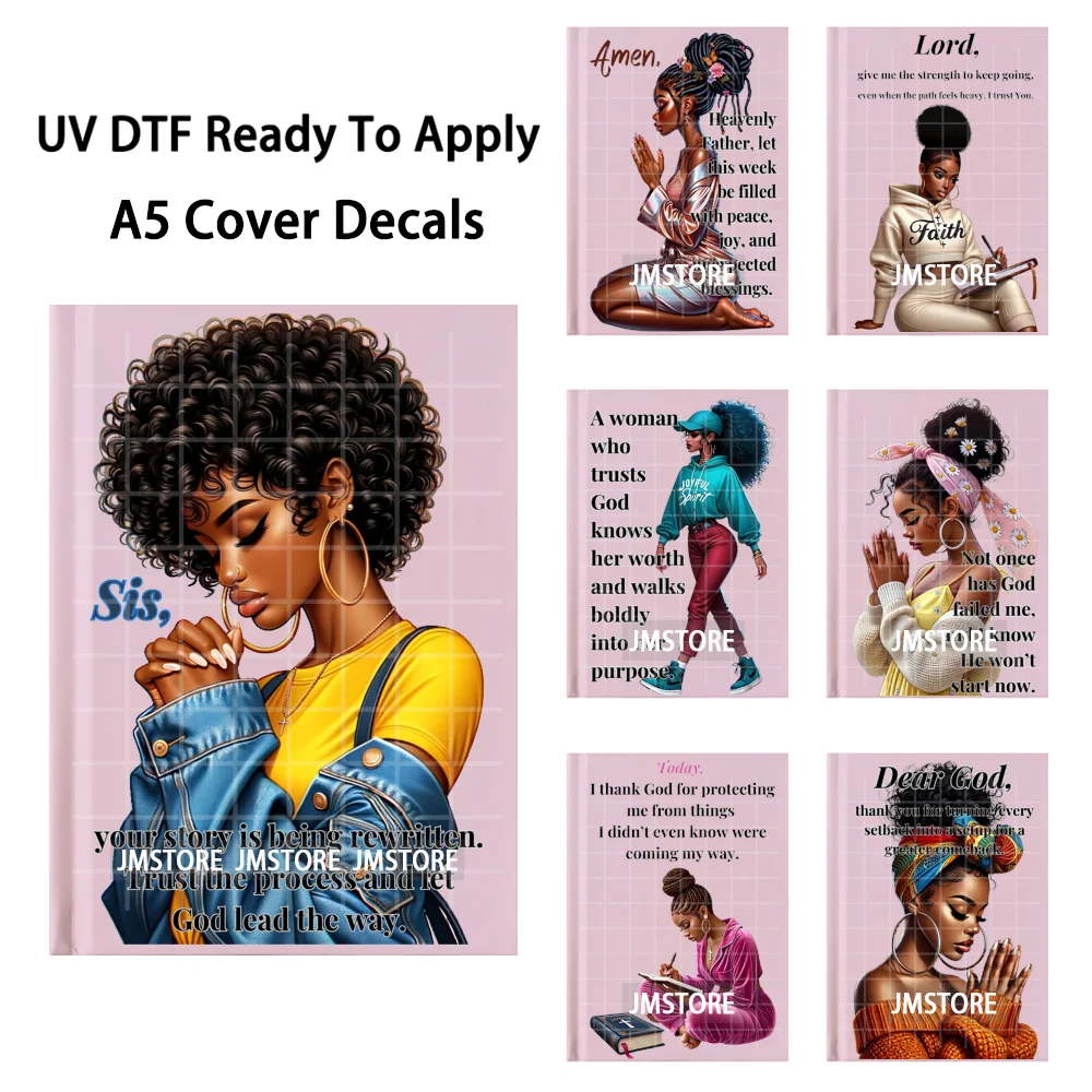 

Christian Black Girl Praying Faith UV DTF Notebook Cover Decals Ready To Apply Durable Transfer Stickers For A5 Journal Cover