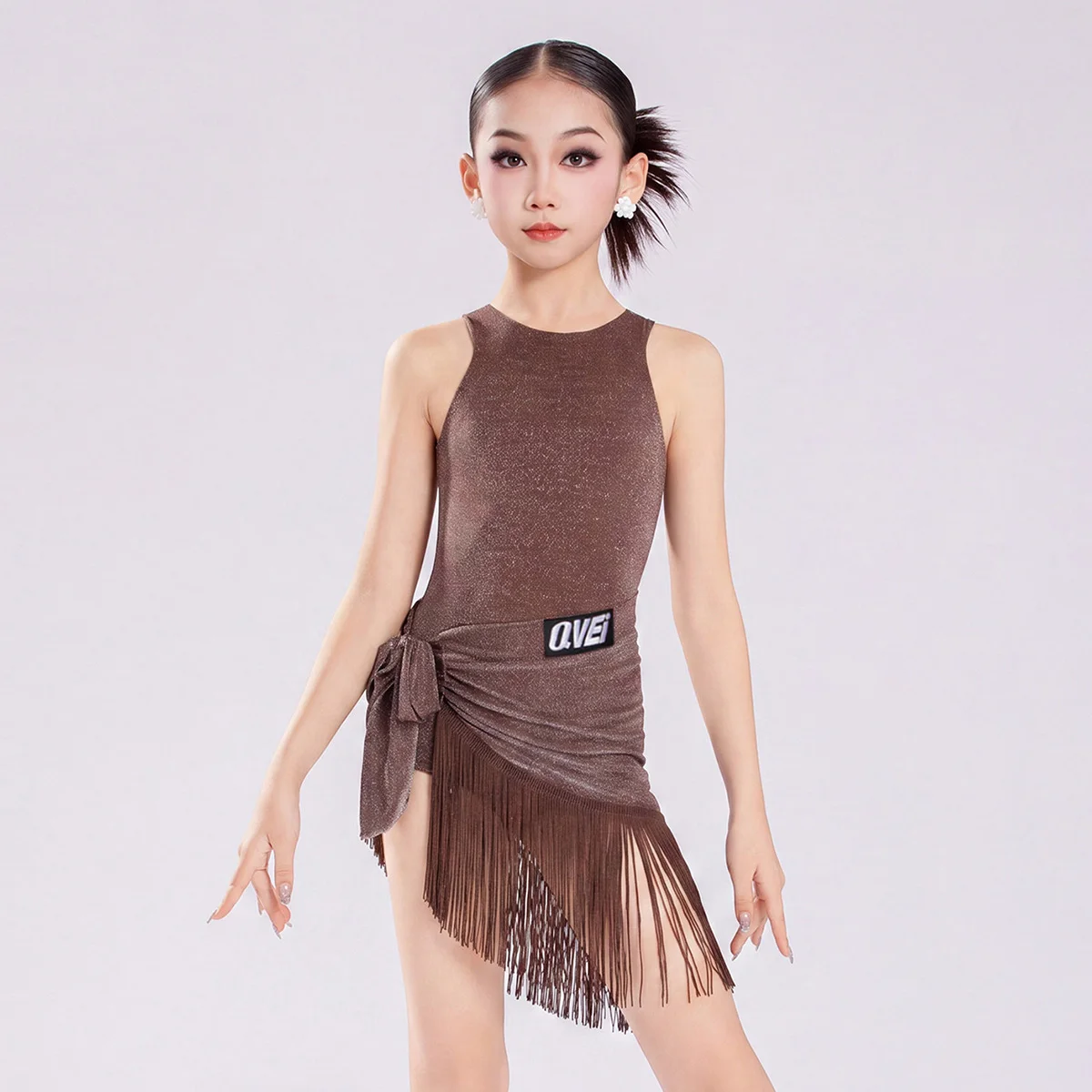 Children Glitter Backless Bodysuit and Tassel Hip Scarf Skirts Latin Dancewear Kids Girls Chacha Performance Competition Costume