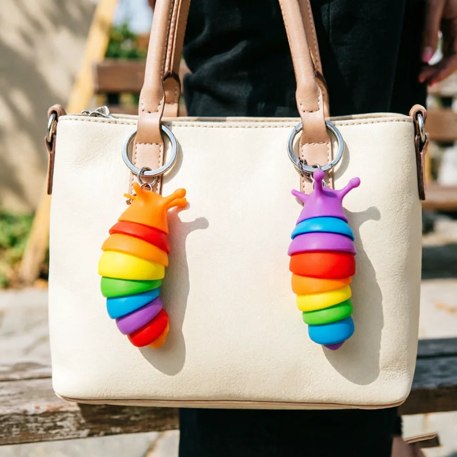 Einzigartiger Entspannungs-Raupenhai-Schlüsselanhänger, Unisex, Regenbogenfarben, Simulations-Spielzeug, Taschenanhänger, Schlüsselring, Paar-Geschenk, Schmuckstücke