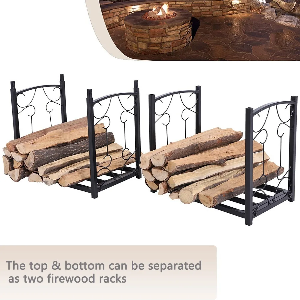 رف سجل الحطب الداخلي/الخارجي - حامل تخزين الموقد الفولاذي من خشب النار