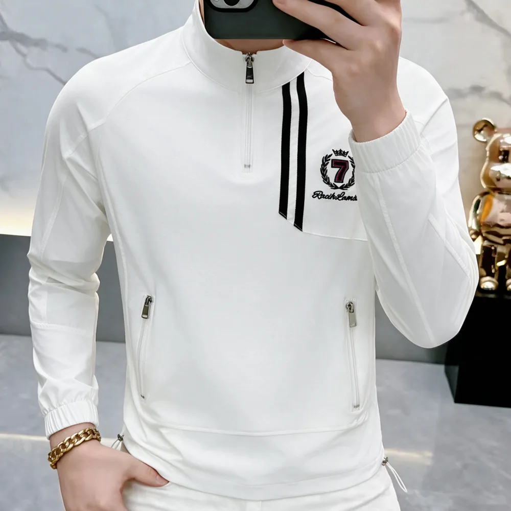 European Ribbon Splicing Long Sleeve T-shirt Social Club Clothing Designer Casual Zipper Half Turtleneck Tee Shirt Polo Hombre
