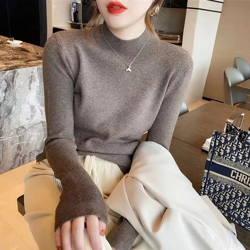 Fashion Half Turtleneck Pullover Sweater Elegant Long Sleeve Basic Knitted Tops Autumn Winter Jumper Women Clothes Sueter 23944