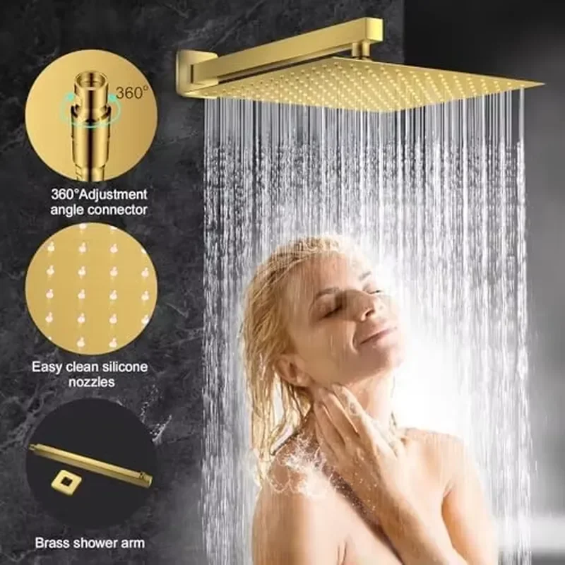 12-Inch Soft Brushed Gold Bathroom Faucet Set Rain Handheld Wall Mounted Rainfall Shower System Brass Body Trim Ceramic