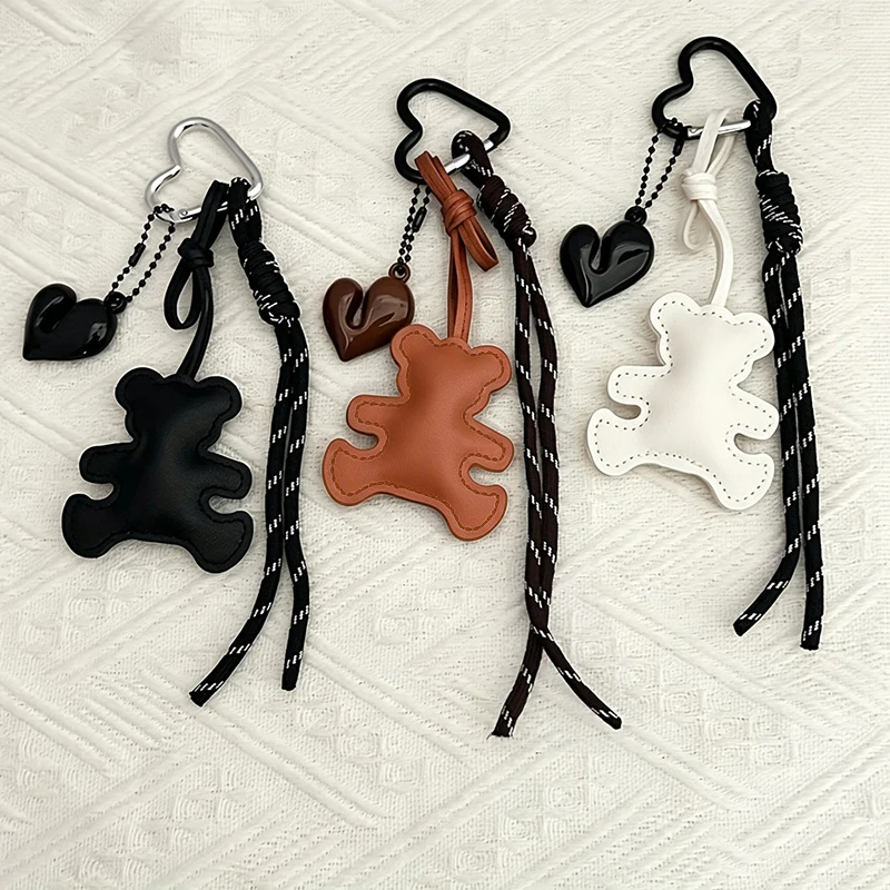 New Fashion Cute PU Leather Bear Keychain For Women Key Ring Chain Female Keyring Rear View Mirror Pendant Girls Gift