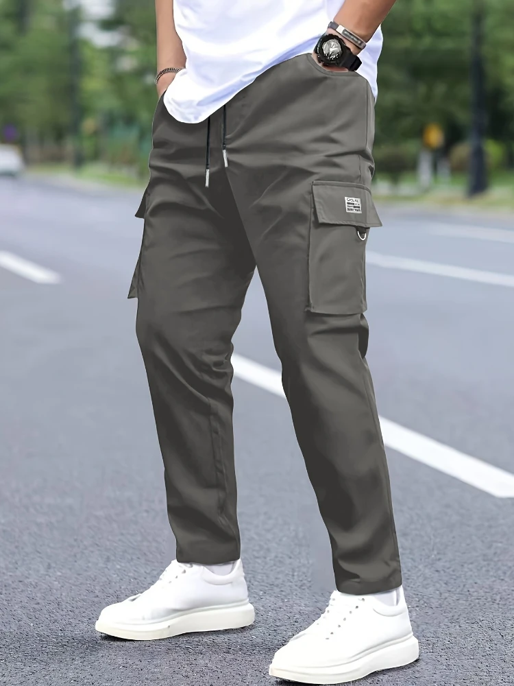 Herren-Cargohose mit mehreren Taschen, Kordelzug, elastisch, gerade geschnitten, Freizeithose, Outdoor-Streetwear, Jogginghose, Armeegrün/Schwarz/Khaki