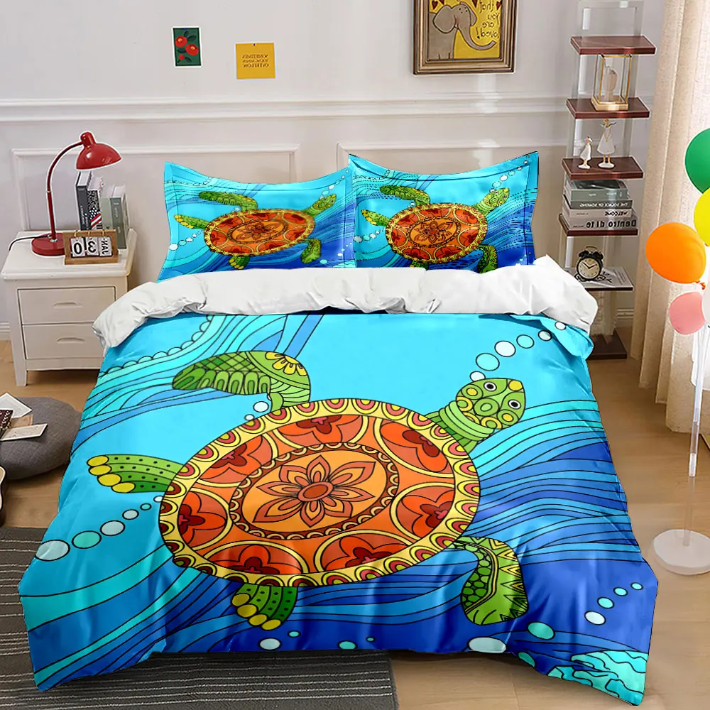 

3Pcs Colorful Mandala Turtle Bedding Set, Vibrant Ocean Art Print Duvet Cover + 2 Pillowcases, Bohemian Nautical Decor