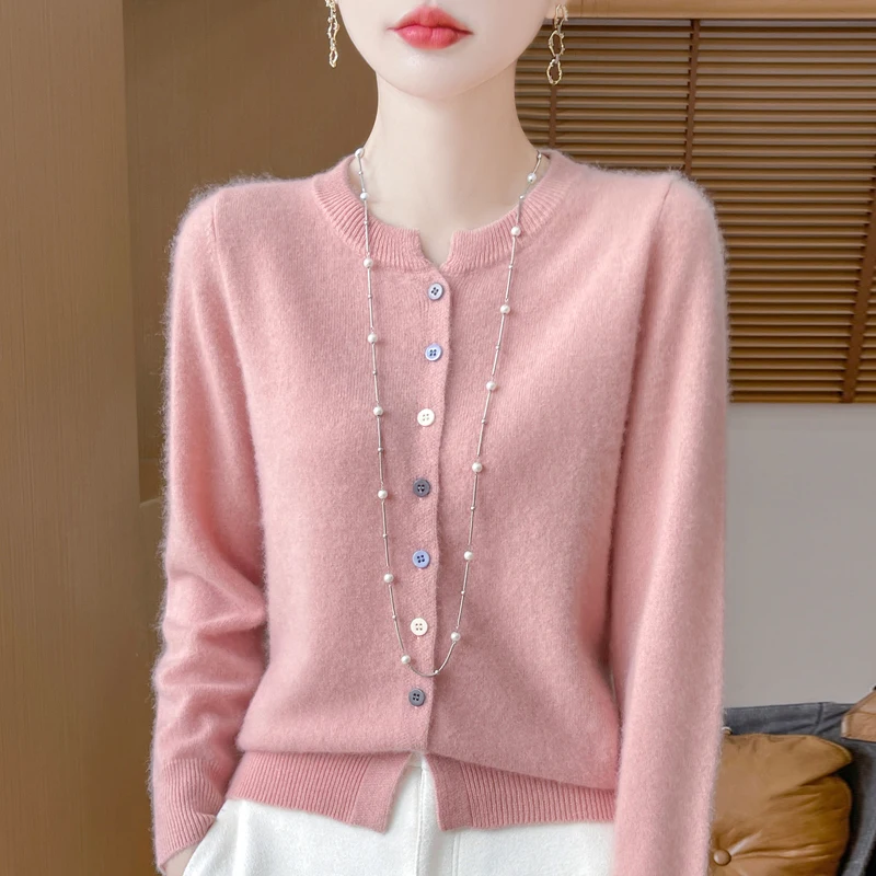

Spring And Autumn 100% Pure Wool New Knitted Cardigan Button Long Sleeve Coat Solid Color Knitted Loose Top