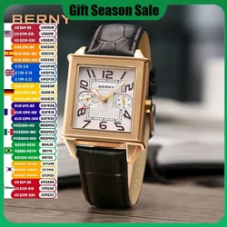 BERNY Quartz Watch for Men Luxury Watch Male Vintage BERNY 6P25 Day Date Leather 3ATM Waterproof Golden Tank Square Wristwatch