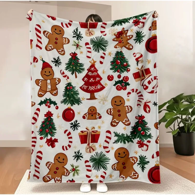 1 Stück ultraweiche Flanell-Überwurfdecke mit Weihnachts-Lebkuchen-Wunderland-Aufdruck – festliche dekorative Decke für den Urlaub