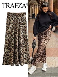 TRAFZA 2024 Women Vintage Leopard Print Skirt Fashion High Waist Midi Skirts Elegant Women Summer Casual Streetwear Skirt