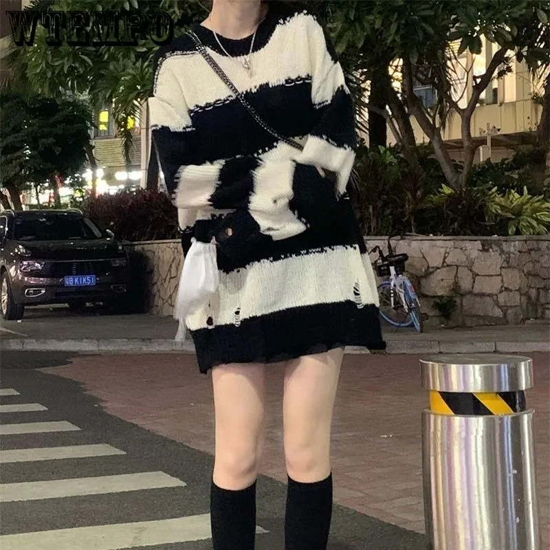 Hollow Striped Gothic Sweater Women Knit Pullover Black White Loose Jumper Pull Female Long Sleeve O-Neck Korean Fashion Autumn