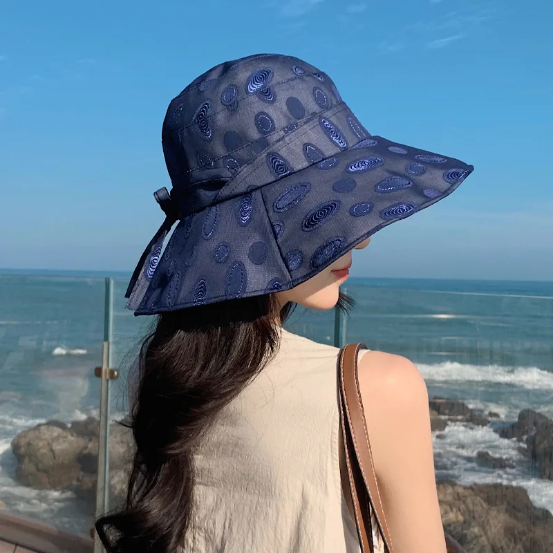 2023 Korean Style Spring and Autumn New Female Organza Embroidery Dot Bucket Summer Travel Protection Sun Hat