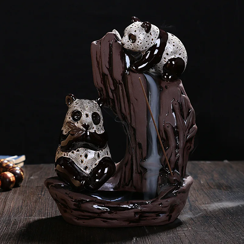 Handcraft Gift Lukcy Fortune Leopard Home Tea House Decorate Backflow Incense Panda Stick Holder Ceramic Censer