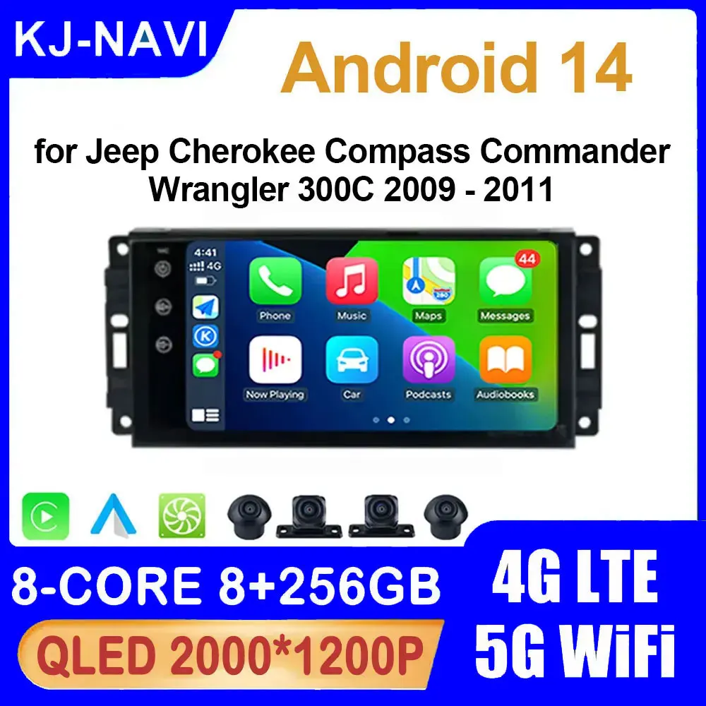 Car Multimedia Radio Player Accsesories Android 14 for Jeep Cherokee Compass Commander Wrangler 300C 2009 - 2011 GPS Navigation