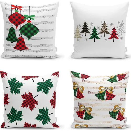 

Real Homes 4'lü Plaid Themed Bells and Pine Tree Christmas Kombin Modern Cushion Pillow decorate Case