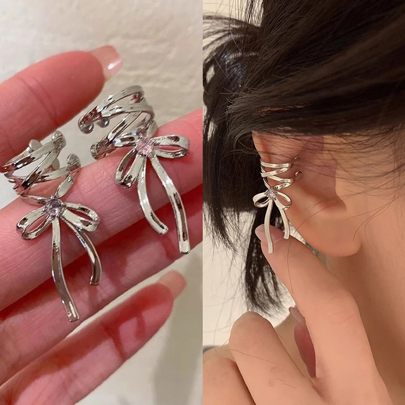 1Pc/Pair Vintage Punk Bow Ribbon Ear Clip Earrings For Women Girls Fashion Tassel Non-Piercing Ear Cuff Jewelry Party Gifts