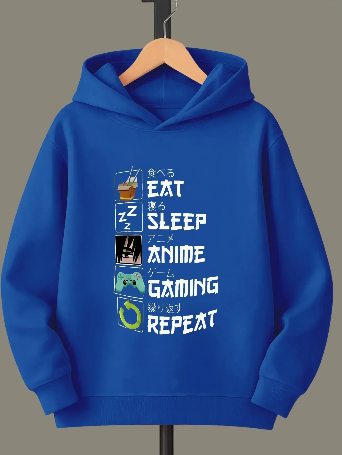 Kids Boys Girls Eat Sleep Anime Gaming Graphic Hoodie Black Printed Gamer Sweatshirt School Clothes Birthday Present Xmas Top