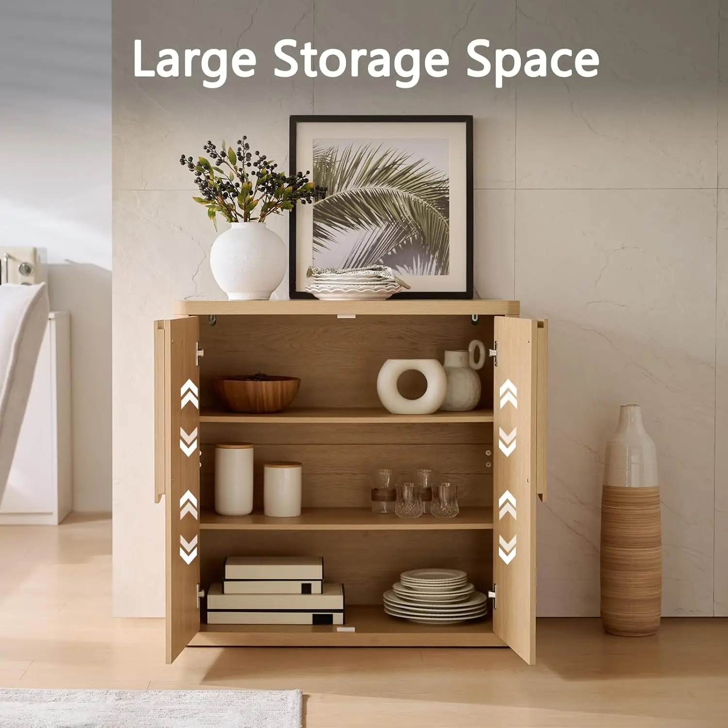 خزانة بوفيه جانبية مقاس 34.5 بوصة مع تخزين، وخزائن ذات مميزة حديثة مع مقابض منحنية وأرفف قابلة للتعديل، وبابين لبار القهوة