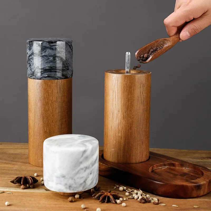 Marble acacia wood grinder spliced ​​manual pepper mill ceramic core pepper multi-purpose seasoning bottle kitchen tool gift
