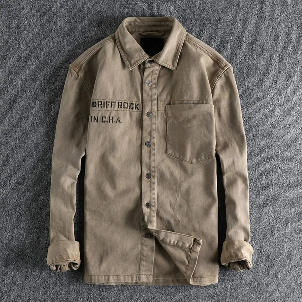 

Men Shirt Coat Vintage Patch Pocket Men's Streetwear Coat with Turn-down Collar Loose Fit Solid Color Long Sleeve for Spring