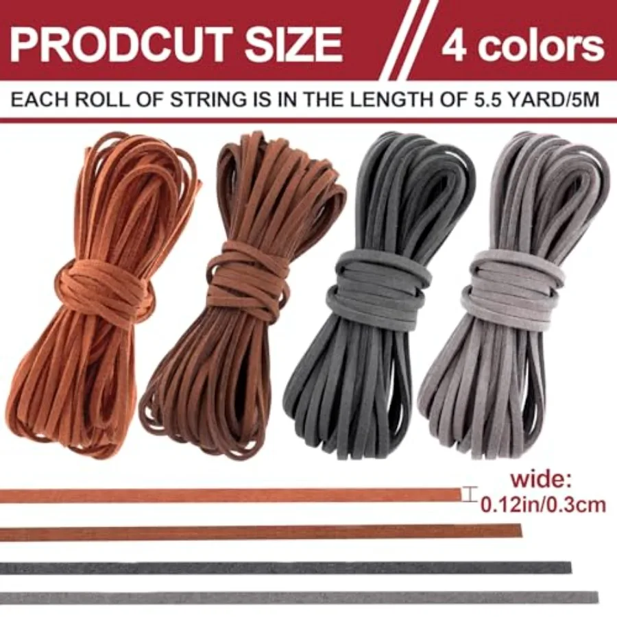 4pcs Suede Leather Cord, 3mm x 5.5 Yard Faux Leather String Strips, Flat Leather Crafting Rope Thread for DIY Shoes Laces Brace