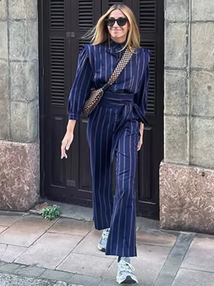 Vintage Women Striped Office Shirt Fashion Single Breasted Lace Up Lapel Long Sleeve Pants Suit 2025 Spring Lady Commute Shirts