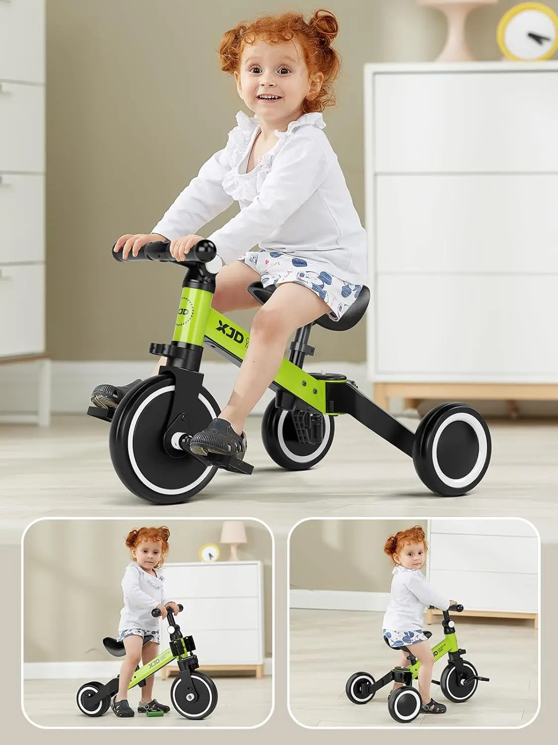 5 in 1 Toddler Bike, Tricycle for Toddlers 1-3 with Adjustable Seat Height, Removable Pedals, Ideal Balance Bike Birthday Gifts