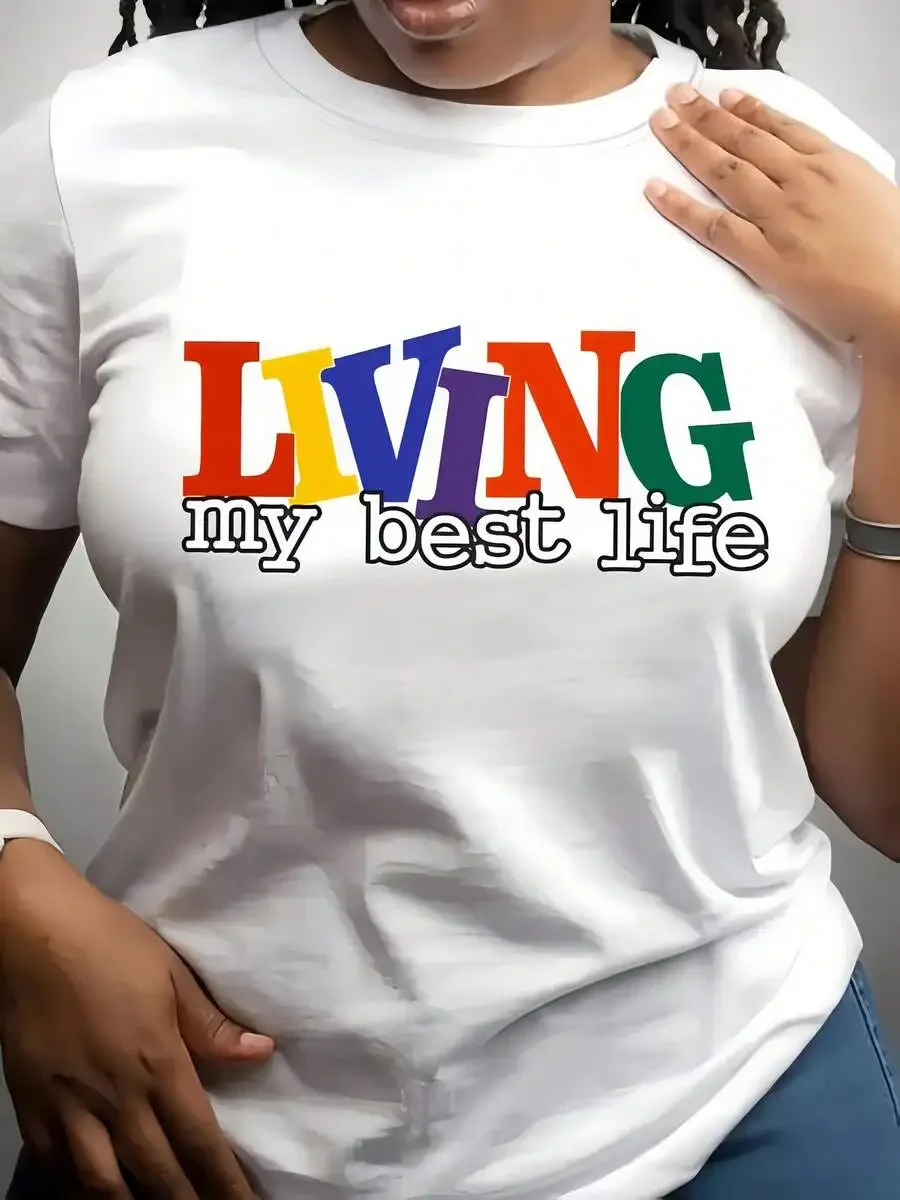 Women's Regular Fit White Cotton Graphic T‑Shirt Colorful Living My Best Life Print Crew Neck Short Sleeve Medium Stretch