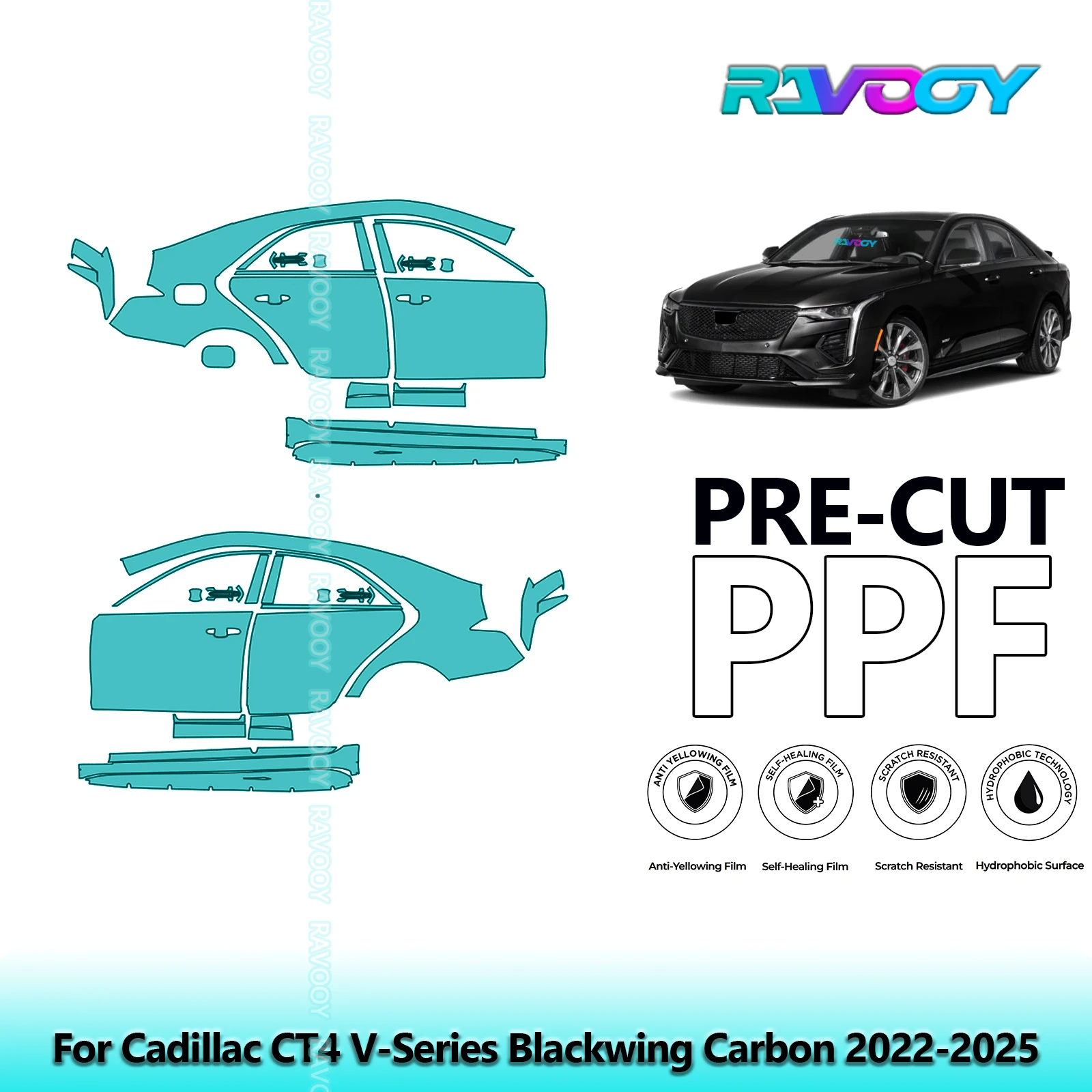

For Cadillac CT4 V-Series Blackwing Carbon 2022-2025 8.5mil Pre-Cut PPF Door & A/B Pillar Kit TPU Paint Protection Film Set