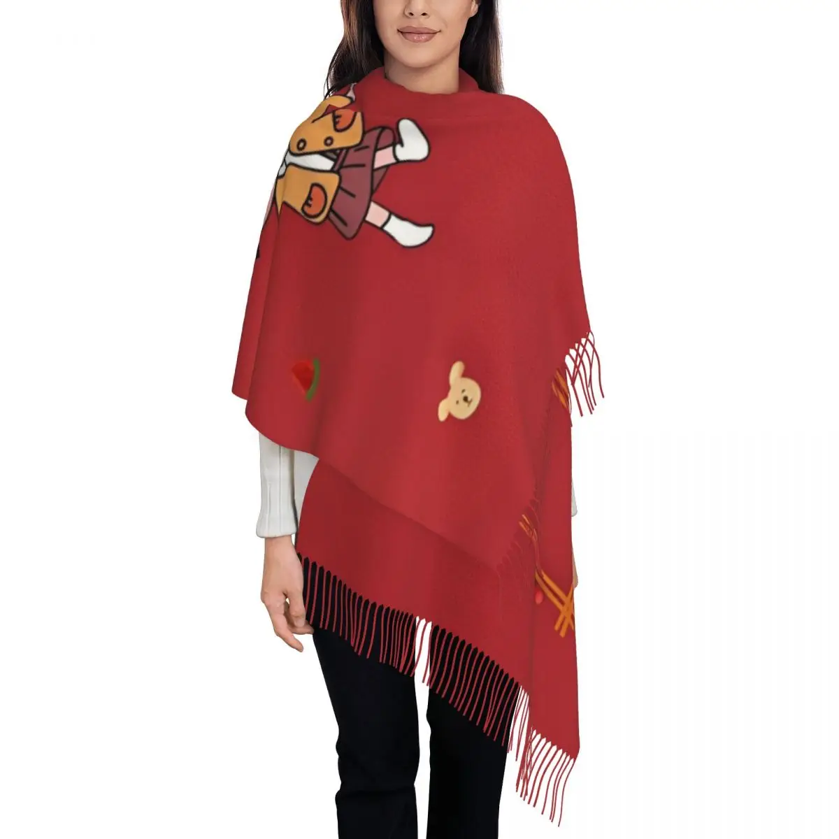 Womens Scarf with Tassel Chibi Maruko Chan Long Soft Warm Shawl Wrap Christmas Daily Wear Cashmere Scarf