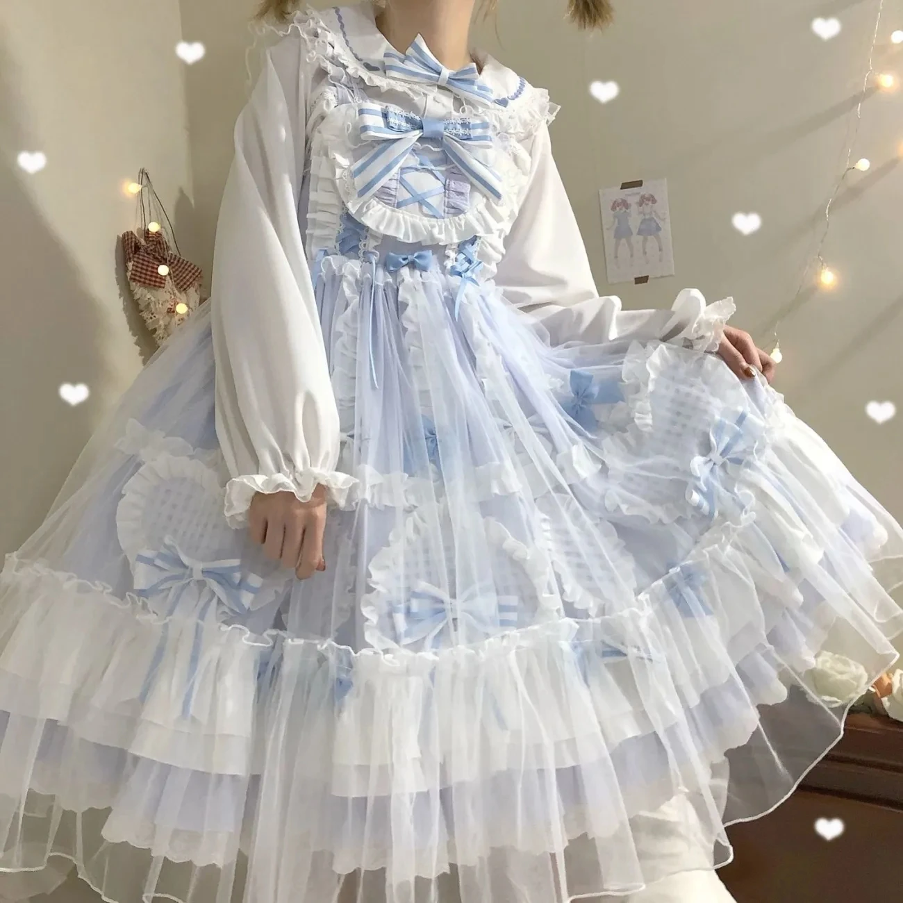 Japanischer Stil süßes Mädchen Cosplay Lolita Jsk Kawaii Anzug Top + Kleid süße Lolita Mesh Riemen Puppe Kragen Liebe Bogen kariertes Kleid