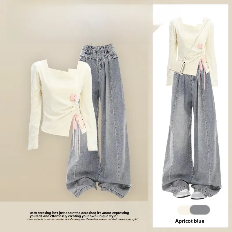 

Корейский комплект из футболки с длинным рукавом и широких джинсов, модный весенний дизайн, повседневный, удобный, больших размеров, для женщин.