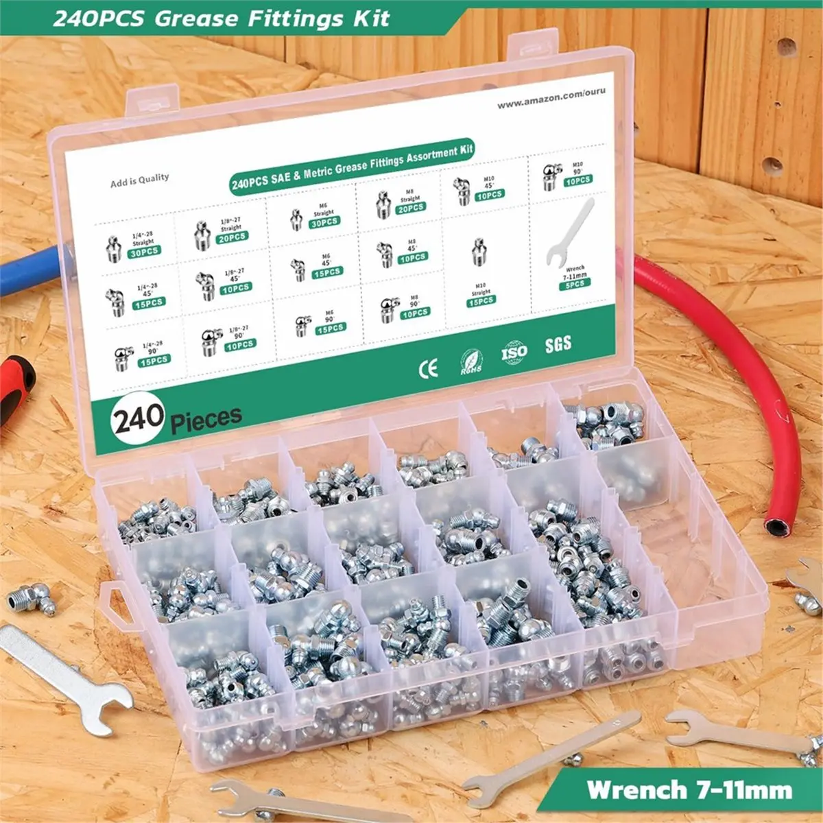 A50U 240PCS Grease Fittings Assortment,SAE & Metric Zerk Grease Fittings Straight 45 90 Degree with Wrench Kit(7-11mm)