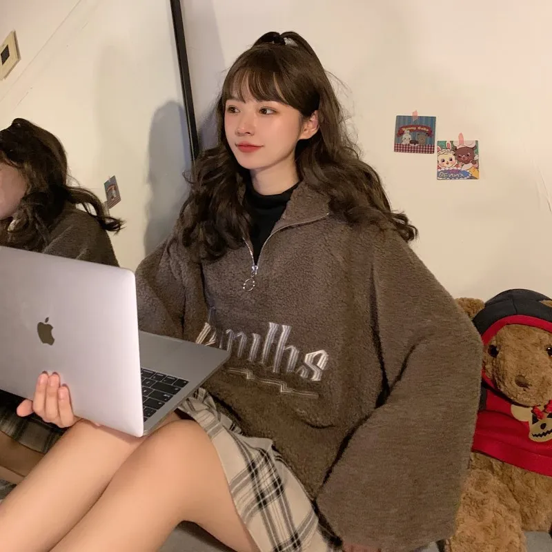 Warm Thicken Zipper Stand Collar Hoodie Women Casual Long Sleeve Pullover Tops Korean Embroidery Letter Plush Sweatshirt Outwear