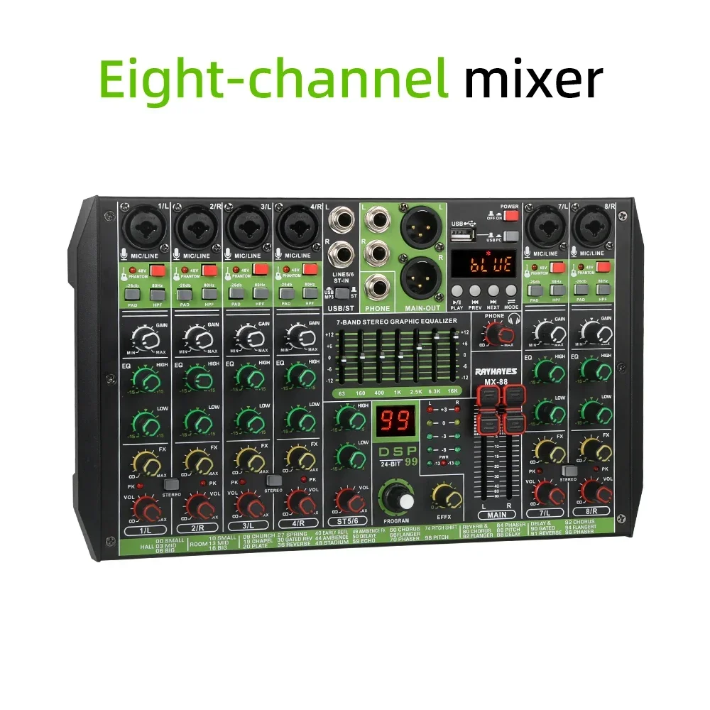 RAYHAYES MX-88 8-Channel Professional Audio Mixer USB Bluetooth Audio Interface DJ Mixer for Stage and Studio