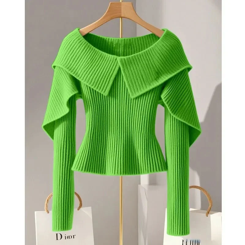 2025 Spring Autumn Design Sense One Necked Waist Sweater Knitted Sweater Women's Dopamine Loose Versatile Top Pullover Shirt