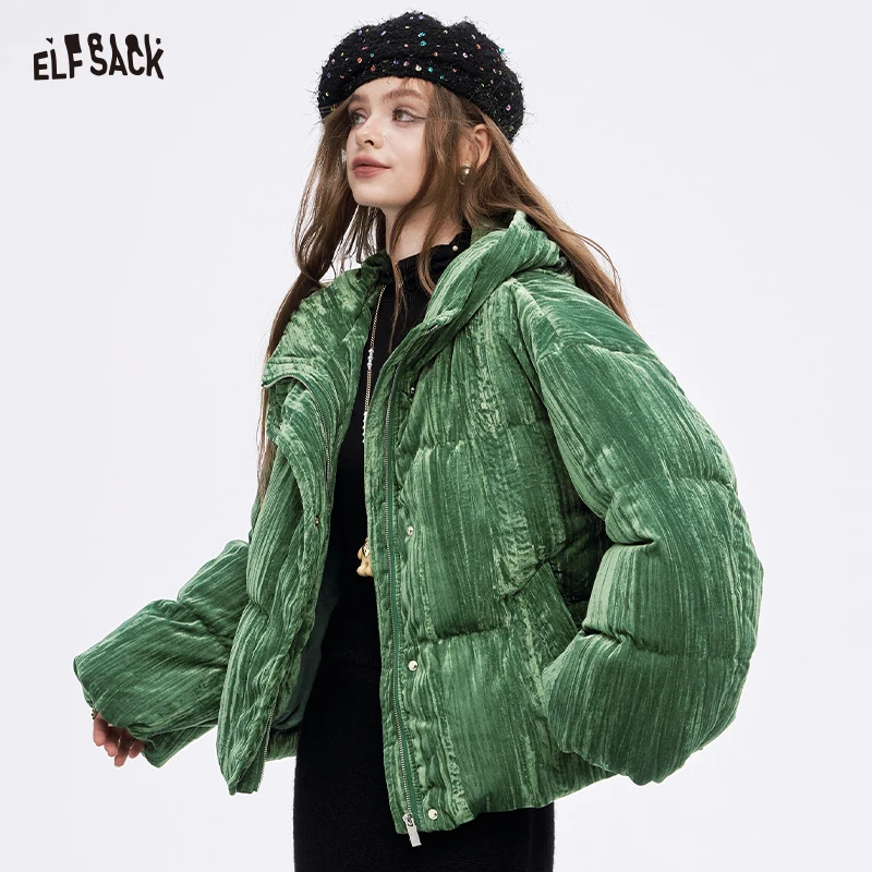 

ELFSACK Elegant Solid Color Velvet Stand Collar Puffer Coat For Women
